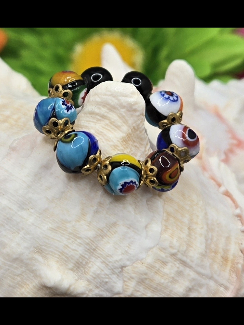 Multicolor Millefiori Glass Bead Ring Gold Tone Caps Adjustable Size 5 & Up